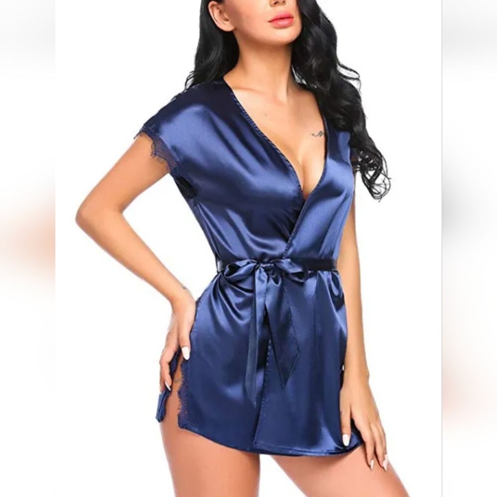 Women Short Silk Robe with Lace Trim Mini Dress Sexy Babydoll Sleepwear Lingerie